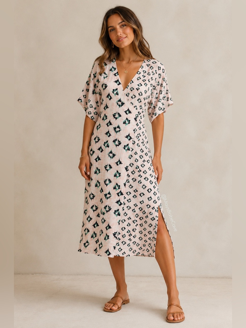 Suboo Revolve Pink & Green Ikat Wrap Cutot Midi Dress
